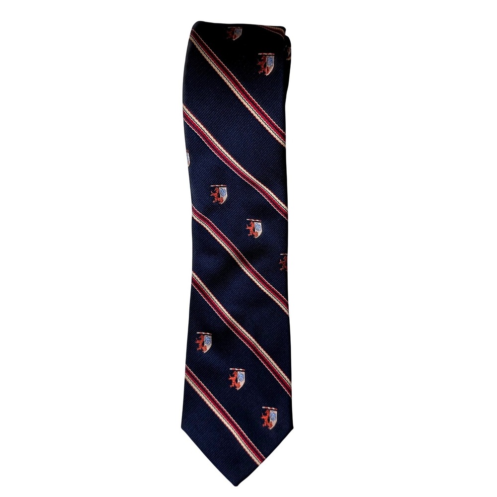 Beau Brummell Mns Navy Red Crest Stripe Silk Blnd Vtg Tie Repp Shield Prep Lion